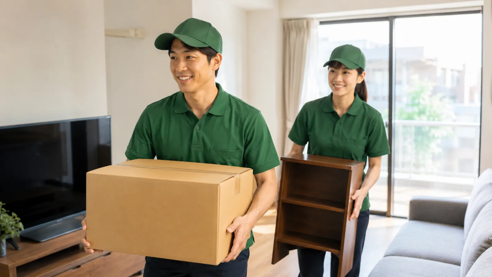 スタッフ2名が家具を運び出す様子